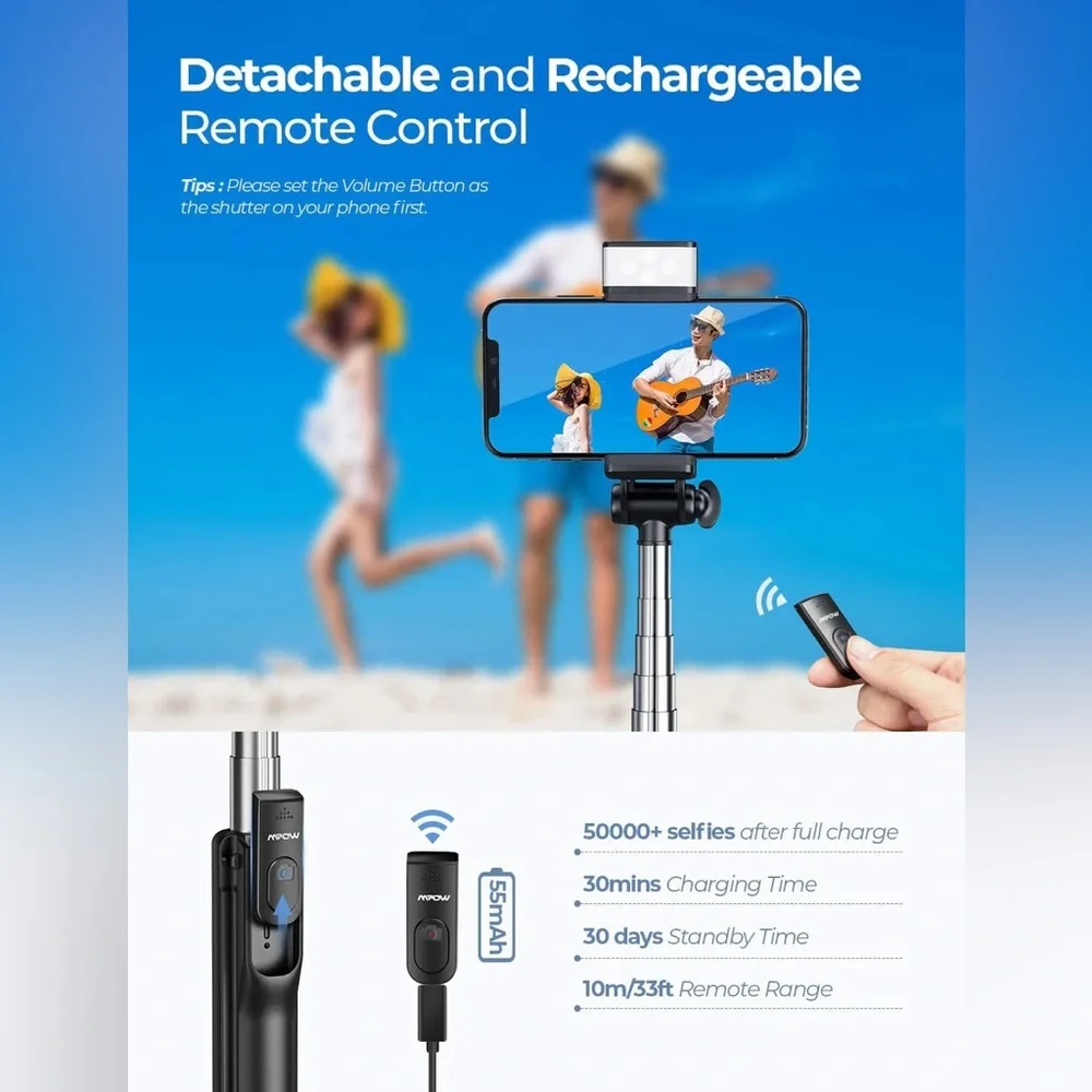 Brand New MPOW PA168A Black Tripod Selfie Stick with Fill Light with Remote